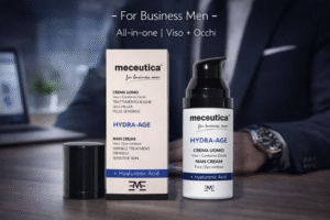 Crema viso e contorno occhi Meceutica For Business Men all in one su scrivania