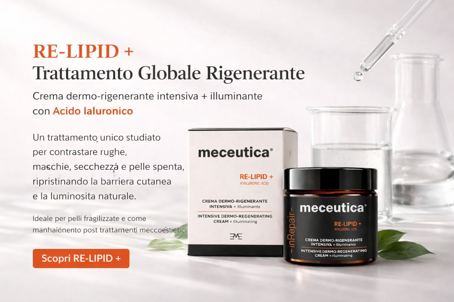 Illustrazione scientifica della barriera epidermica con ceramidi, colesterolo e fitosfingosina che ripristinano la funzione barriera cutanea